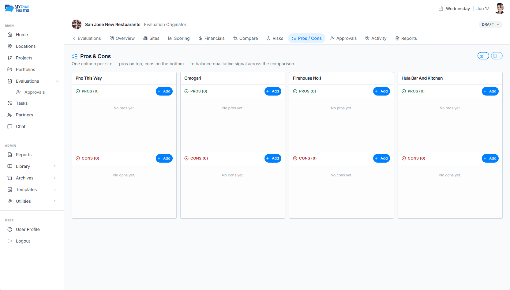 MyDealTeams Evaluations pros and cons matrix