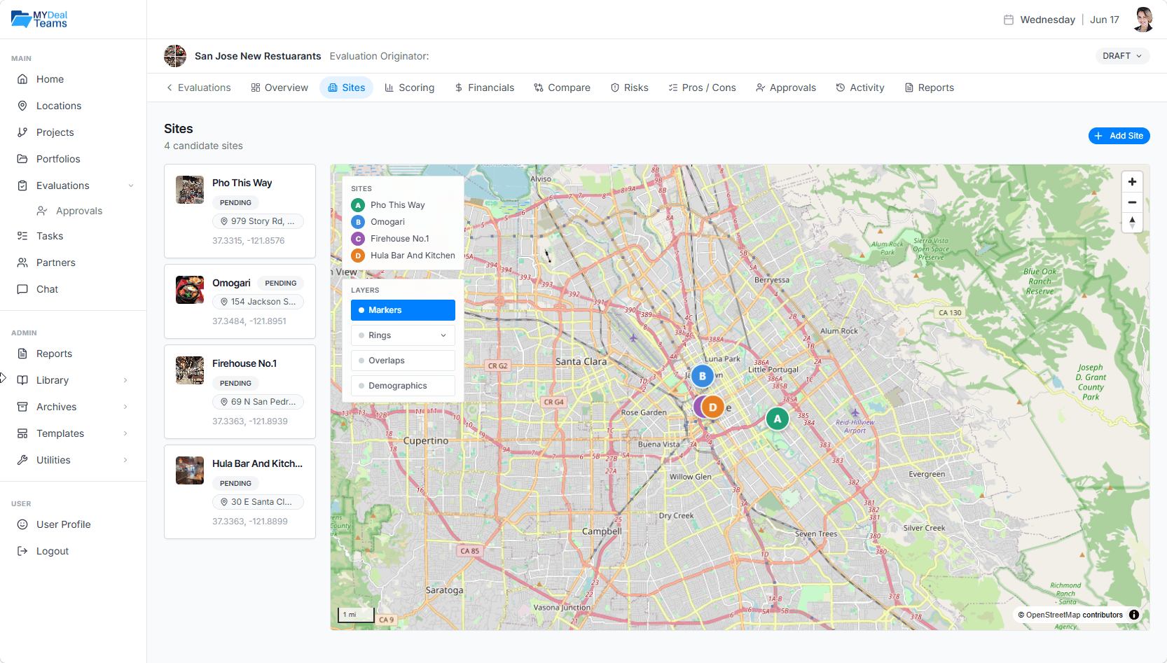 MyDealTeams Evaluations workspace for structured site selection
