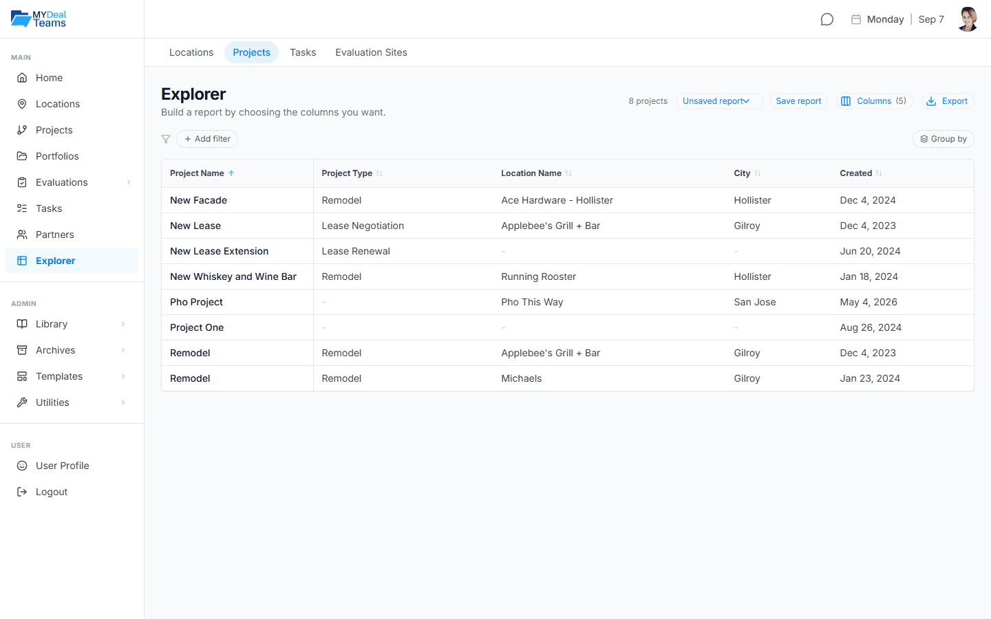 MYDealTeams Explorer, a custom report of projects with columns for project type, location, city, and date